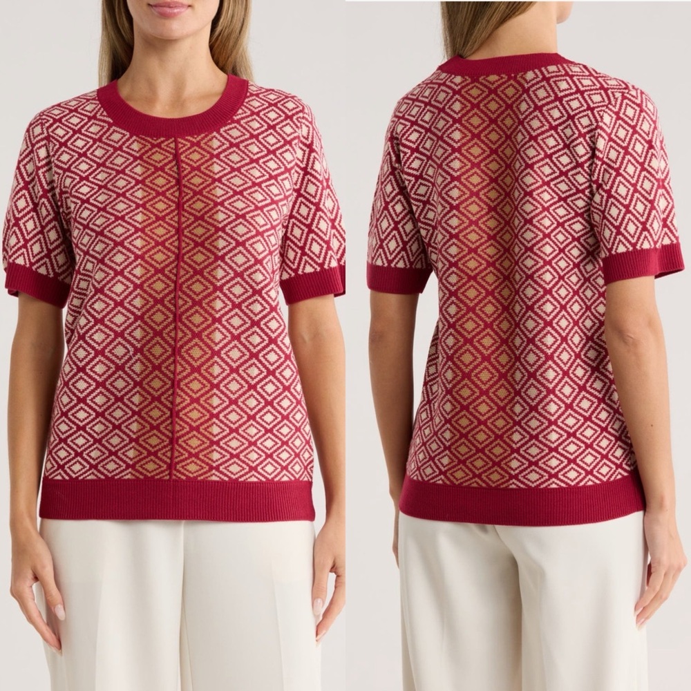 DR2 by Daniel Rainn Geometric Jacquard Short Sleeve Sweater